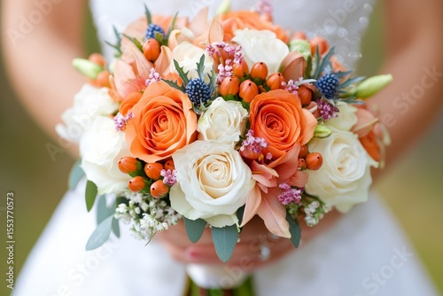 Beautiful bridal bouquet with orange roses, white flowers, and seasonal accents held by bride in outdoor setting