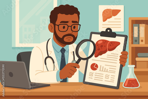 Medical doctor examining liver disease pathology report with magnifying glass in clinic, cartoon vector illustration. Hepatology diagnosis, liver health analysis, laboratory test results concept