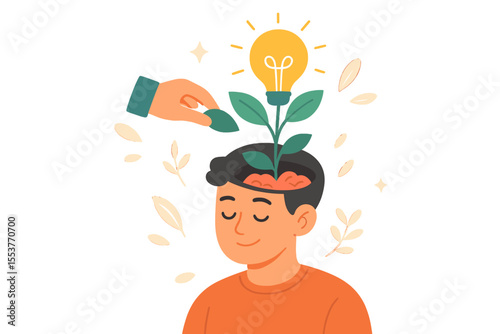 Personal Growth and Self-Improvement Concept. Hand Nurturing Plant with Lightbulb Growing from Human Brain. Creativity, Innovation, Knowledge, Education, Mental Development Vector Illustration