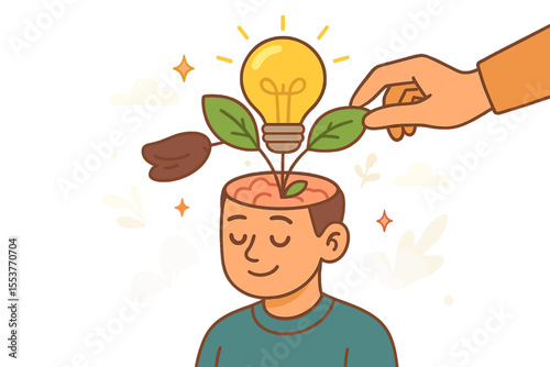 Personal Growth and Self Improvement Concept. Lightbulb Plant Growing from Human Brain. Nurturing Creativity, Innovation, Education, Mindfulness, Knowledge, Mental Health. Vector Illustration
