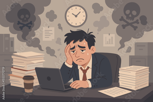 Stressed overworked businessman at office desk surrounded by paperwork, toxic work environment, burnout, mental health crisis, negative emotions, workplace depression, cartoon vector illustration