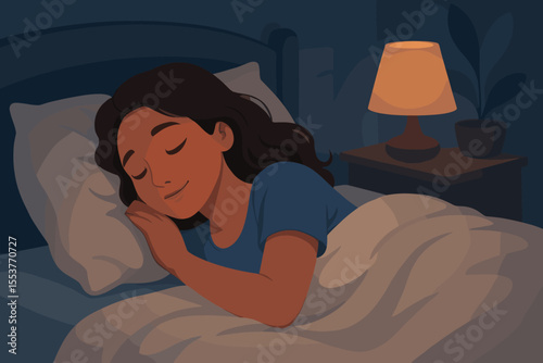 Peaceful woman sleeping in cozy bed at night, warm bedroom interior with soft lamp light, healthy sleep habits, relaxation, comfort, restful night, vector cartoon illustration, home lifestyle