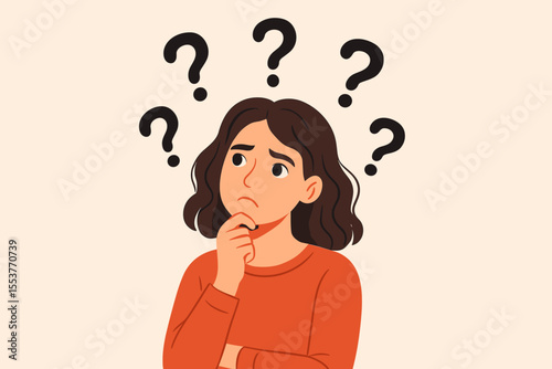Thoughtful woman pondering decision, hand on chin, surrounded by question marks. Curiosity, confusion, inquiry, problem solving, doubt, decision making, seeking answers. Vector illustration.