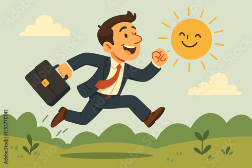 Happy Businessman Running Toward Success and Career Goals Outdoors. Motivated Office Worker with Briefcase Chasing Dreams Under Smiling Sun. Positive Ambition, Achievement, Motivation Concept