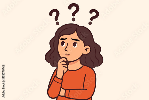Thoughtful woman with hand on chin surrounded by question marks, concept of confusion, curiosity, inquiry, decision making, problem solving, uncertainty, pondering, vector cartoon illustration
