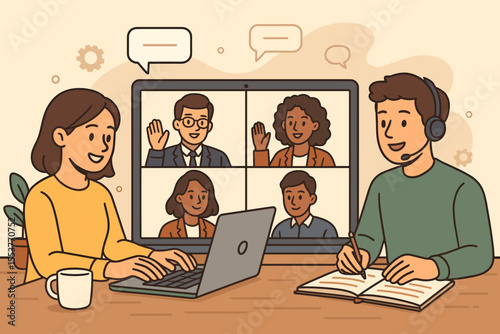 Remote Work Team Virtual Meeting Collaboration. Cartoon Vector Illustration of People Video Conferencing, Online Communication, Digital Workspace, Home Office Productivity, Distance Learning Concept