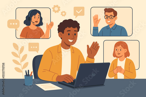 Diverse team video conference call, remote work collaboration, online meeting, virtual communication, business teamwork, digital workspace, cartoon vector illustration, home office concept