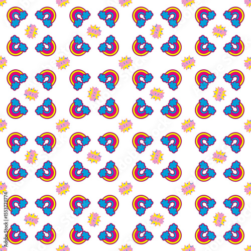A pattern of colorful rainbows and clouds. The clouds are in various sizes and shapes. The pattern is made up of many different shapes and sizes of clouds