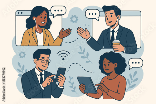 Remote team collaboration, business professionals communicating online. Virtual meeting, digital workspace, online teamwork, video conference, technology, wireless devices, cartoon vector illustration