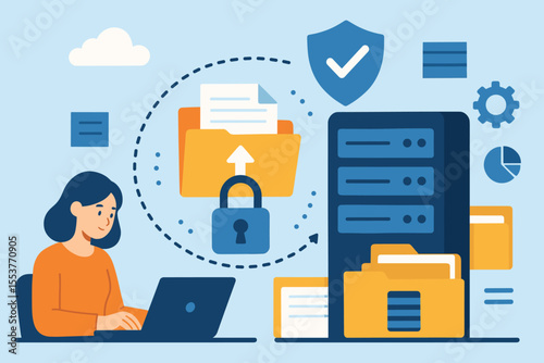 Data Security and File Transfer Concept. Secure Document Exchange, Cloud Storage, Data Protection, Encrypted File Sharing, Digital Privacy, Server Backup, Cybersecurity, Vector Illustration