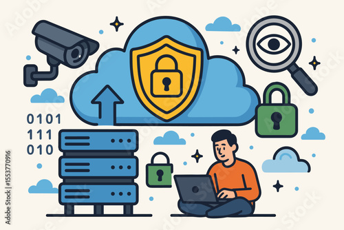 Cloud Computing Security and Data Protection Vector Illustration. Cybersecurity, Surveillance Camera, Server, Encryption, Privacy Shield, Lock, Binary Code, Secure Network, Technology Concept