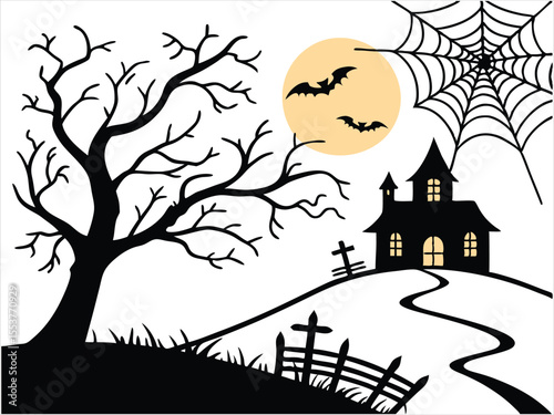 Scary Halloween landscape with haunted house, moonlit sky, spider web, and tombstones great for seasonal graphics.