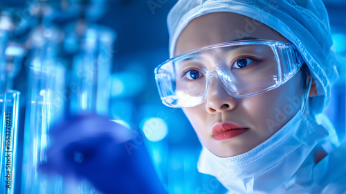 A researcher in protective gear focuses intently on test tubes filled with liquid in a cutting-edge laboratory