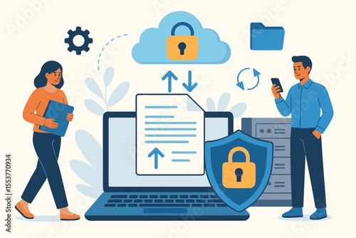 Secure file transfer, cloud data protection, encrypted document management, safe online storage, cybersecurity, teamwork, digital privacy, laptop, shield, server, cartoon vector illustration