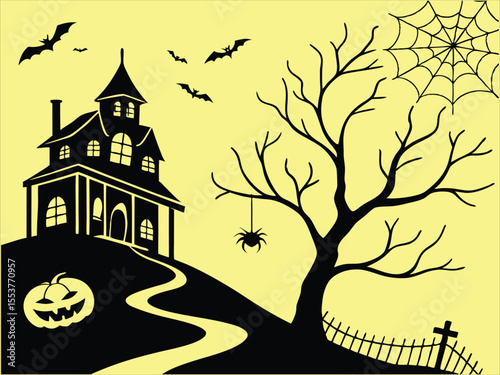 Eerie Halloween night illustration with a haunted house, spider web, and creepy tree in silhouette.