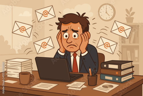 Stressed businessman overwhelmed by excessive email notifications at cluttered office desk, digital overload, workplace anxiety, burnout, paperwork, multitasking, cartoon vector illustration