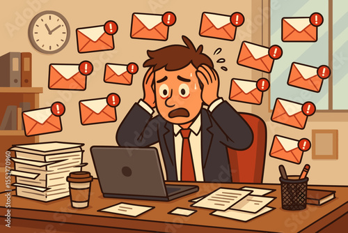 Overwhelmed businessman stressed by overflowing email inbox, urgent notifications, paperwork overload, office desk chaos, time pressure, workplace anxiety, burnout concept, vector cartoon