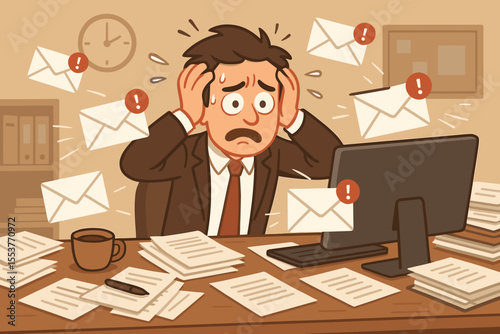 Overwhelmed stressed businessman at cluttered office desk surrounded by urgent emails, paperwork, notifications, digital overload, multitasking, burnout, workplace stress, vector cartoon illustration