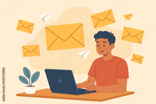 Email marketing concept illustration. Man using laptop for digital communication, sending messages online. Cartoon envelopes, paper planes, workspace. Internet business, remote work, technology
