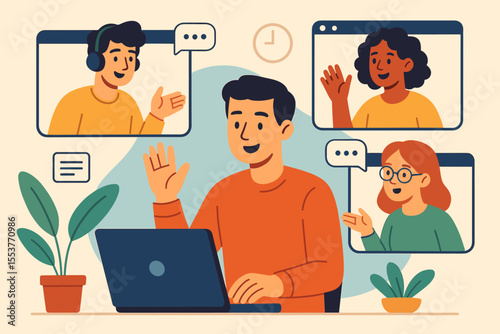 Remote Team Video Conference Call Collaboration. Virtual Meeting, Online Communication, Diverse Group, Work From Home, Digital Workspace, Laptop, Cartoon Vector Illustration, No Text