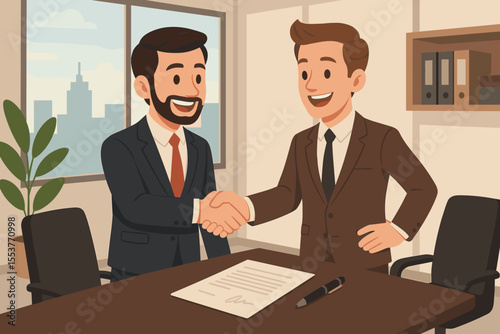 Business partners handshake agreement, signing contract, partnership deal, teamwork collaboration in modern office, professional meeting, corporate success, vector illustration, negotiation concept