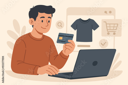 Online Shopping Payment Process, Man Holding Credit Card Making Purchase on Laptop, E-Commerce Transaction, Digital Retail Checkout, Secure Internet Payment, Vector Illustration