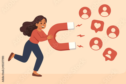 Social media marketing concept. Woman attracting followers and engagement with magnet. Customer acquisition, influencer strategy, audience growth, digital promotion, cartoon vector illustration.