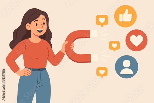 Social media influencer attracting followers and engagement with magnet. Digital marketing, audience growth, like and heart icons, cartoon woman, online promotion, vector illustration concept