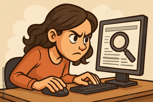 Focused woman using computer for online research and digital information search. Cartoon vector illustration of internet browsing, web investigation, data analysis, and technology concept workspace.