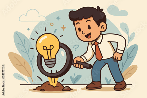 Businessman with magnifying glass discovering a growing idea lightbulb. Concept of innovation, research, finding solutions, and business opportunity. Creative exploration and analysis.