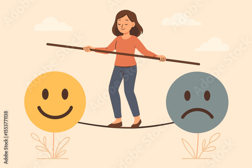 Woman balancing on tightrope between happy and sad emotions, metaphor for emotional stability, mental health, mood swings, stress management, psychological well-being, cartoon vector illustration