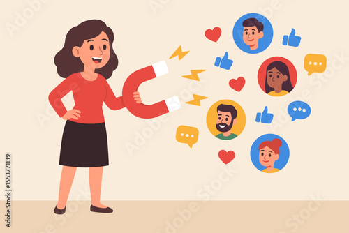 Social media marketing concept. Woman attracting followers, customers, audience with magnet. Influencer engagement, online promotion, digital advertising, community building. Vector illustration