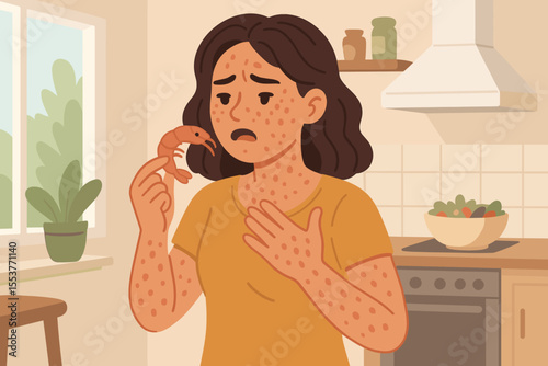 Woman Experiencing Seafood Allergy Reaction at Home, Skin Rash, Itching, Holding Shrimp, Food Allergy Symptoms, Kitchen Interior, Health Risk, Vector Illustration, Medical Concept