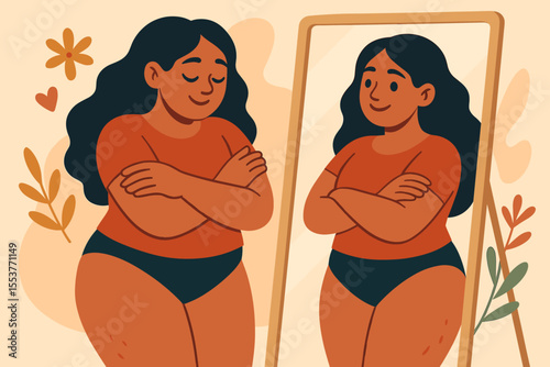 Woman Admiring Reflection in Mirror Embracing Self-Love and Body Positivity Concept, Female Cartoon Character Looking at Herself, Confidence and Inner Beauty Illustration