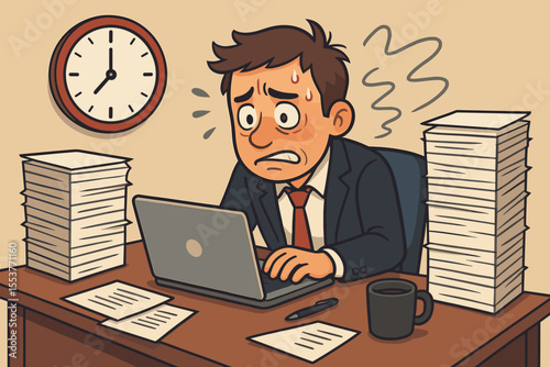 Stressed businessman feeling deadline pressure and anxiety. Overwhelmed office worker with too much paperwork. Burnout concept with cartoon man at desk, laptop and clock. Work stress.