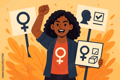 Empowered Black woman activist raises fist for women's suffrage and voting rights. Feminist protest illustration for gender equality. Female voter holding sign with ballot box.