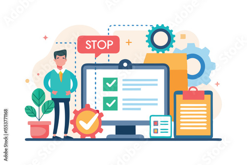 Detailed overview of standard operating procedure with vector illustration showing checklists, gears, and a caution symbol