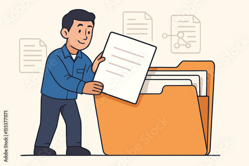 Document management system concept. Man organizing files, sorting paperwork. Business administration and data archiving. Information storage and record keeping. Office worker filing.