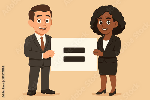 Gender and racial equality in the workplace concept. A diverse business team, a man and a woman, hold a large equals sign. Vector illustration for equal opportunity and fair pay.