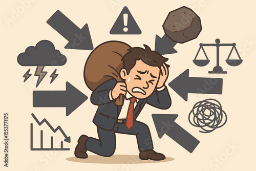 Overwhelmed businessman carrying heavy burden, kneeling under pressure of problems. Concept of burnout, stress, anxiety. Man facing financial crisis, workload, failure, depression.