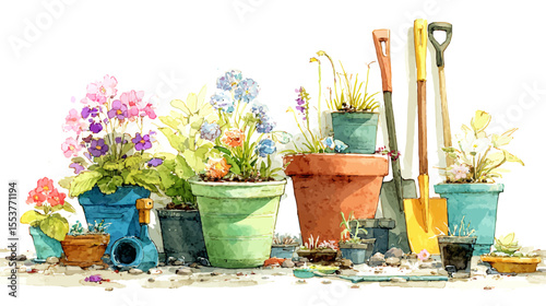 Pink pansy and gardening tools in a pot for spring decoration