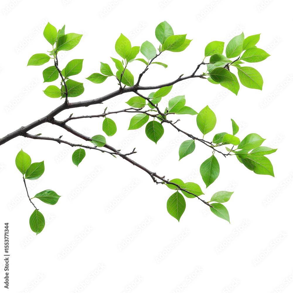 tree branch with green leaves, detailed view of a tree branch with bright green leaves, isolated on transparent background tree branch with green leaves, detailed view of a tree branch with bright green leaves, isolated on transparent background