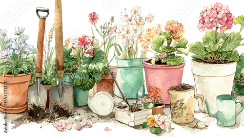 A beautiful pink flowerpot with gardening tools in a lush spring garden, showcasing nature's floral beauty