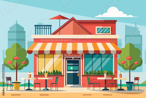 Summer cafe shop featuring an inviting outdoor terrace with colorful tables and chairs, perfect for enjoying warm days in the city