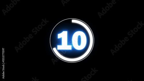 Glowing Circle countdown timer animation from 15 to 0 second  on black background with alpha channel,  Hollywood movie countdown going from 15 to 0 in a