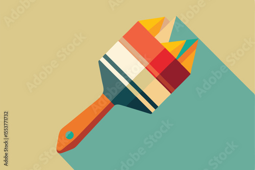 Flat paint brush with geometric bristles showcasing vibrant colors on a minimalist background during an artistic project