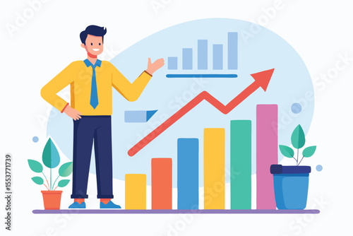 Man presenting growth charts and data analytics trends in a modern office environment while engaging with visual aids