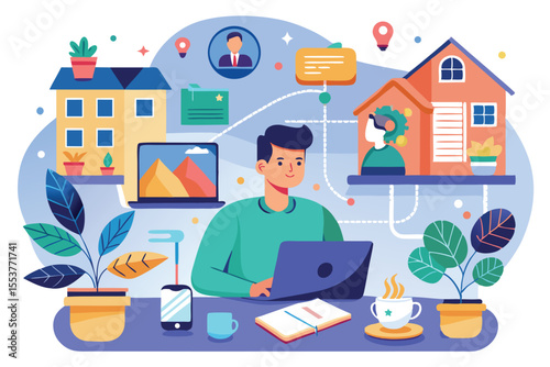 Telecommuting concept illustration showcasing a remote worker engaged in productive tasks from a home office environment with various digital elements