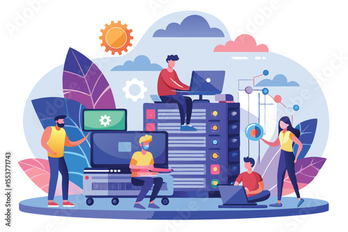 Creative illustration of modern web hosting with tiny people interacting with servers and technology in a vibrant and colorful environment