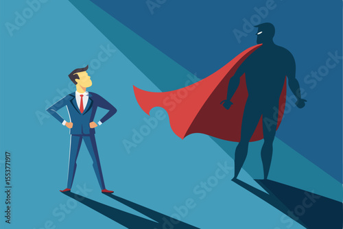 Businessman standing confidently while casting a shadow resembling a superhero in a minimalistic blue background